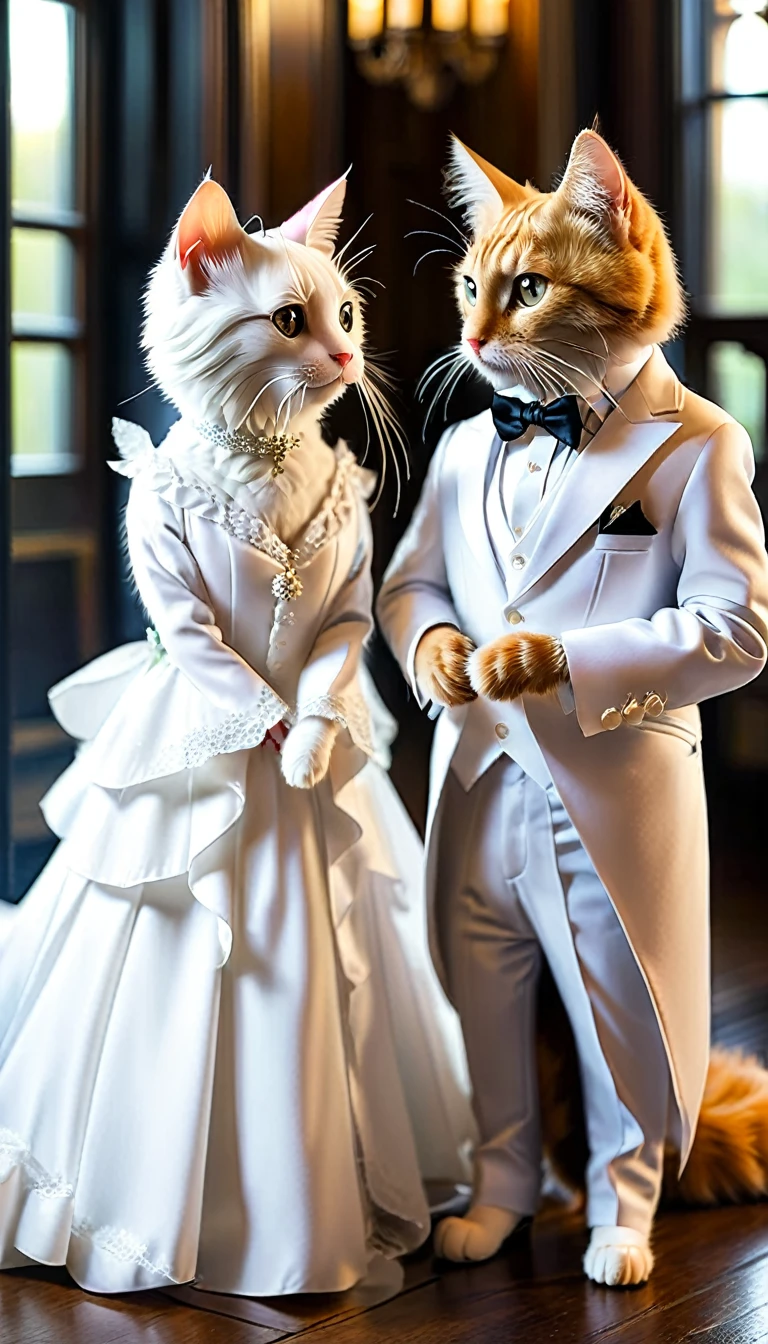 A cat wearing a white tuxedo and a cat wearing a white dress are getting married
