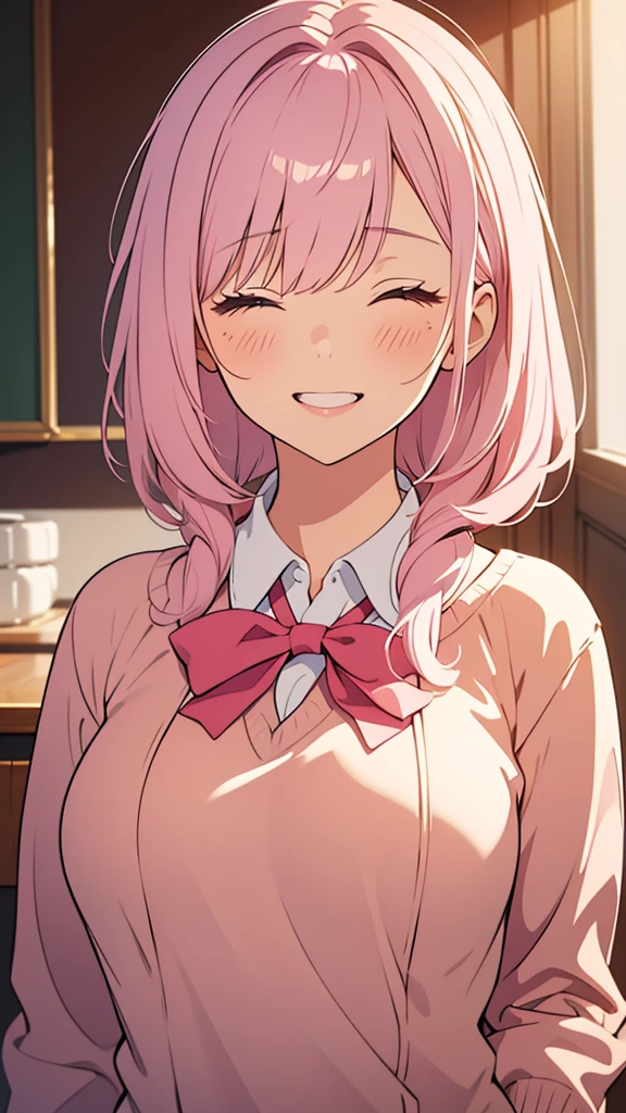 8k,(High quality:1.4),(best quality:1.4),(masterpiece:1.4),(busty breasts:1.2),(beautiful face:1.3),(beautiful woman:1.3),(pale pink hair:1.4),medium hair,a mole around the mouth,(enjoy:1.6),(closed eyes:1),(burst into laughter:1.4), (squinting:1.2)(school uniform:1.1),(beige sweater:1.2),(close-up:1.2),a bow tie