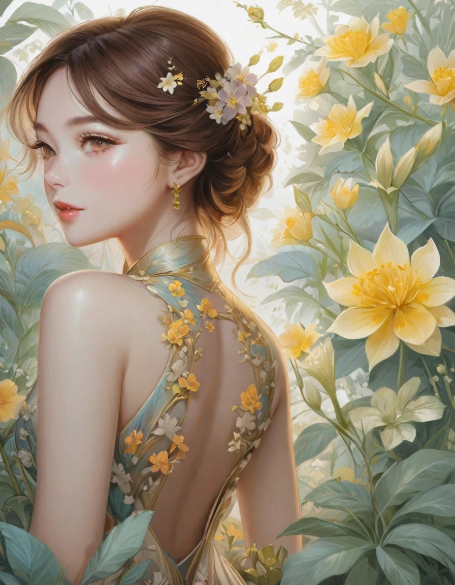 A painting of a woman in a dress surrounded by flowers, Beautiful digital artwork, Beautiful character drawings, Exquisite digital illustrations, Beautiful artwork illustration, Elegant digital painting, Jinnah Chan, beautiful Amazing digital art, Beautiful digital art, Li Song, Jan J, Chen Lin, Yanjun Chent, Amazing digital art, Beautiful digital painting, Beautiful digital illustrations