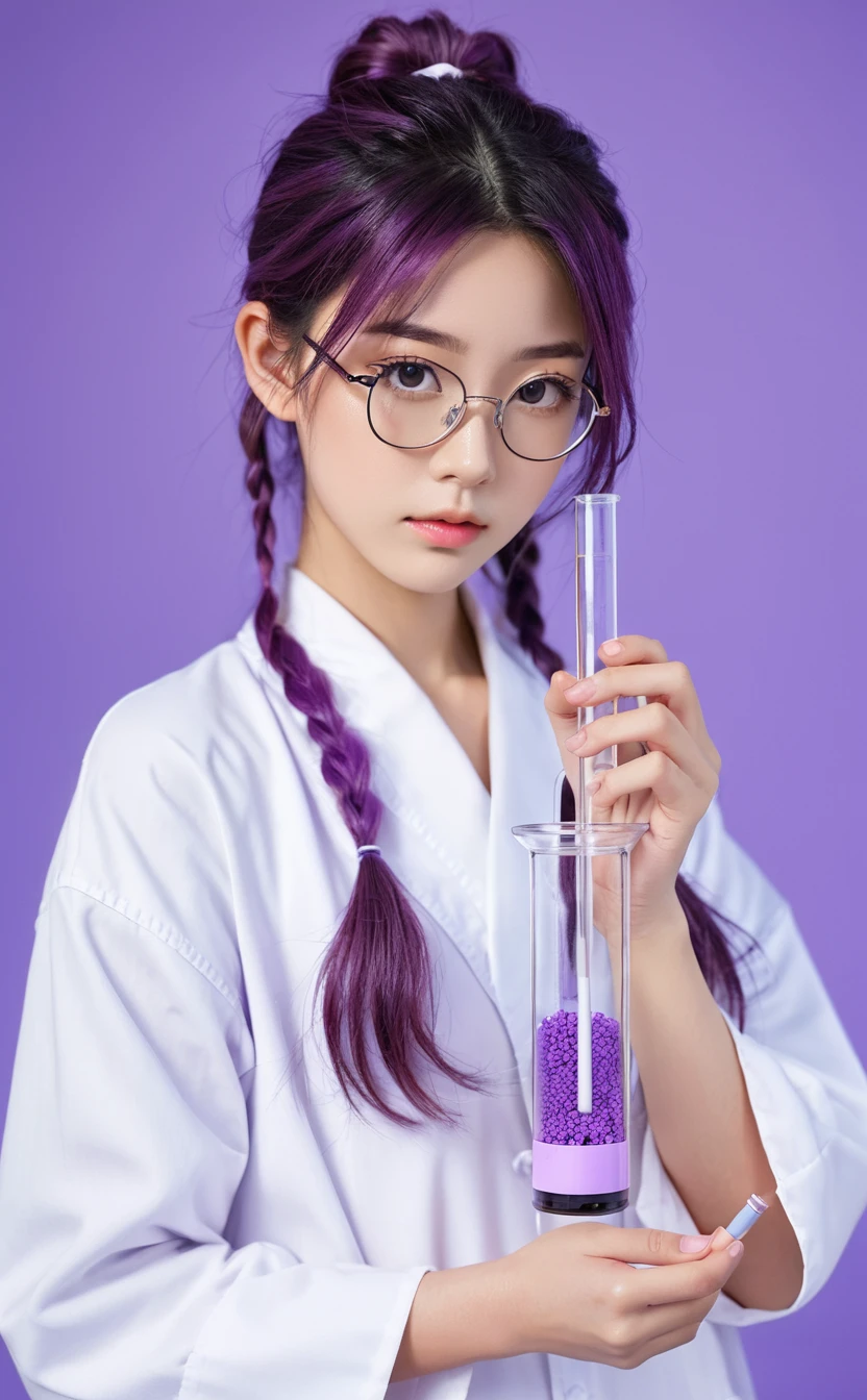 Realistic,Portrait of one girl of young Japanese idol,fake glasses,Upper Body,Purple Hair,indoor,holding a test tube,Looking at test tubes,Simple lavender background,Release your lips,Serious face,Loose wavy hair ponytail,She is wearing a doctor&#39;s coat over a purple blouse,Popular Korean makeup,photoRealistic