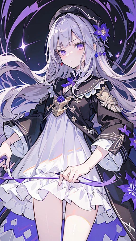 (best quality:1.3), (masterpiece:1.3), (illustration:1.3), (ultra-detailed:1.3), 1girl, solo, very young, flat chest, purple eyes, white hair, long hair, white dress, black coat, black headwear, beret, serious expression, angry expression, looking at viewer, purple flower, hair ornament, short,