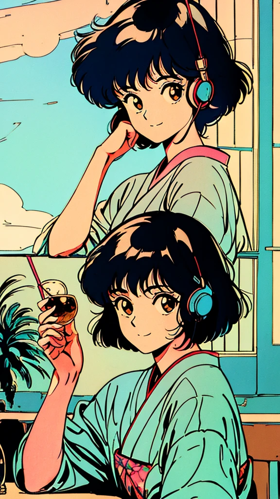 masterpiece, City Pop Style, Japanese, fluffy bob cut, Wearing headphones, Shoulder length, alone, Relax on the veranda, Drinking alcohol, praise, Retro, Vintage, A light smile