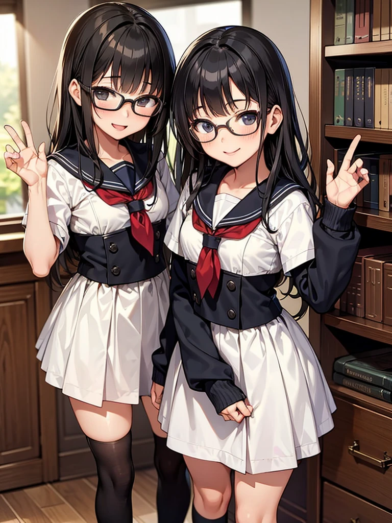 masterpiece, best quality, 2girls, 10yo, (petite), glasses, black hair, middle hair,
 smile, standing, sailor uniform, library,