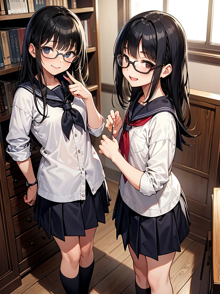 masterpiece, best quality, 2girls, 10yo, (petite), glasses, black hair, middle hair,
 smile, standing, sailor uniform, library,