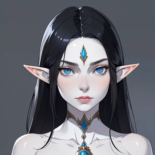 (masterpiece), (best quality),(portrait),(bust up),1girl,solo,(sharp focus),(look at viewer),elf, (white skin),black hair,(elf lady) ,adult,blue eyes,,(ancient:1),ancient luxurious long clothes,old school fantasy art,((simple background)),super shiny face,Ultra Glossy Skin