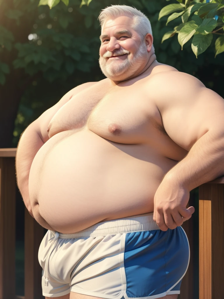 a smiling obese old man, chubby, big fat, detailed realistic portrait, 8k high resolution, topless, sumo physique, side view, perfect center, full view, realistic skin texture, wrinkled face, short hair, thick mustache, white hair, bearded, jovial expression, huge belly, fat, wearing shorts, high detail, masterpiece, (best quality,4k,8k,highres,masterpiece:1.2),ultra-detailed