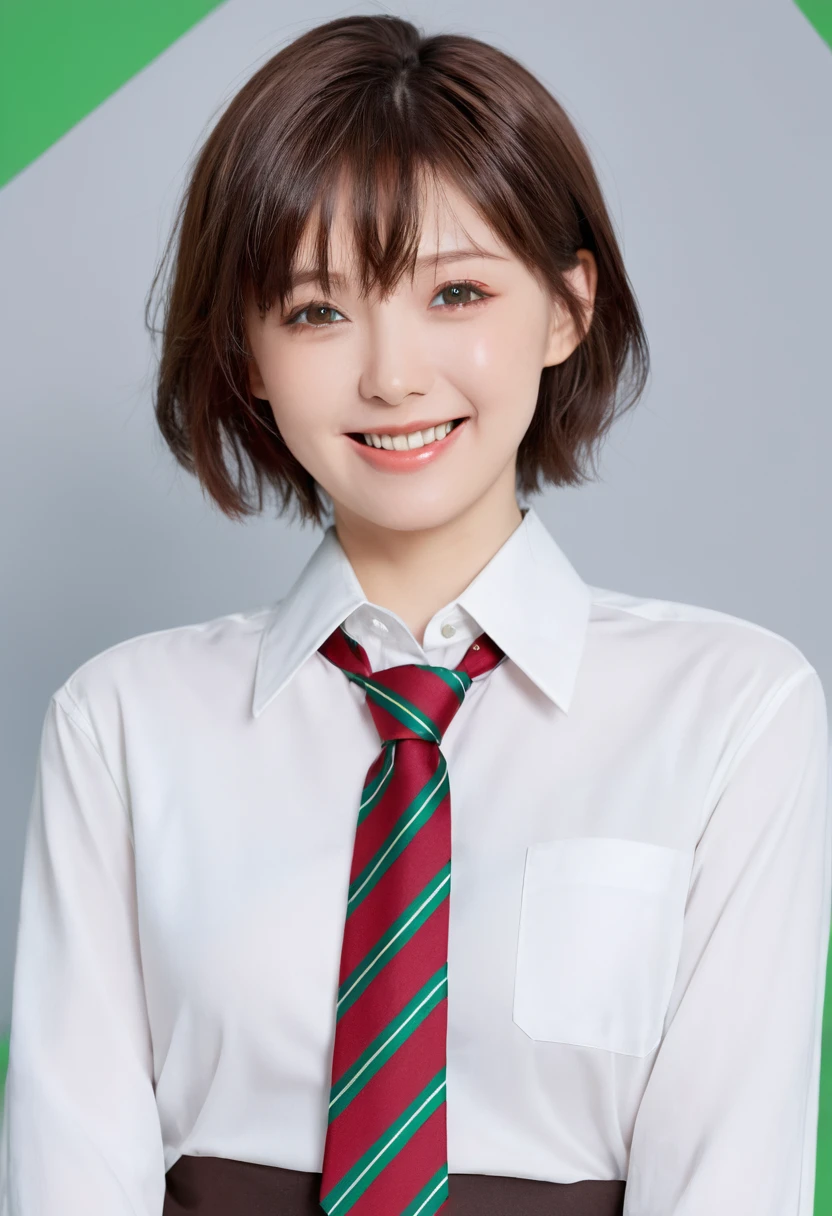 masterpiece, highest quality, best quality, 1girl, solo, looking at viewer, , tezuka rin, (armless amputee:1.2), brown hair, collar, collared shirt, (double amputee:1.2), green eyes, katawa shoujo, red necktie, shirt, short hair, solo, white shirt,  lozhkin, grin, accurate teeth with gaps 