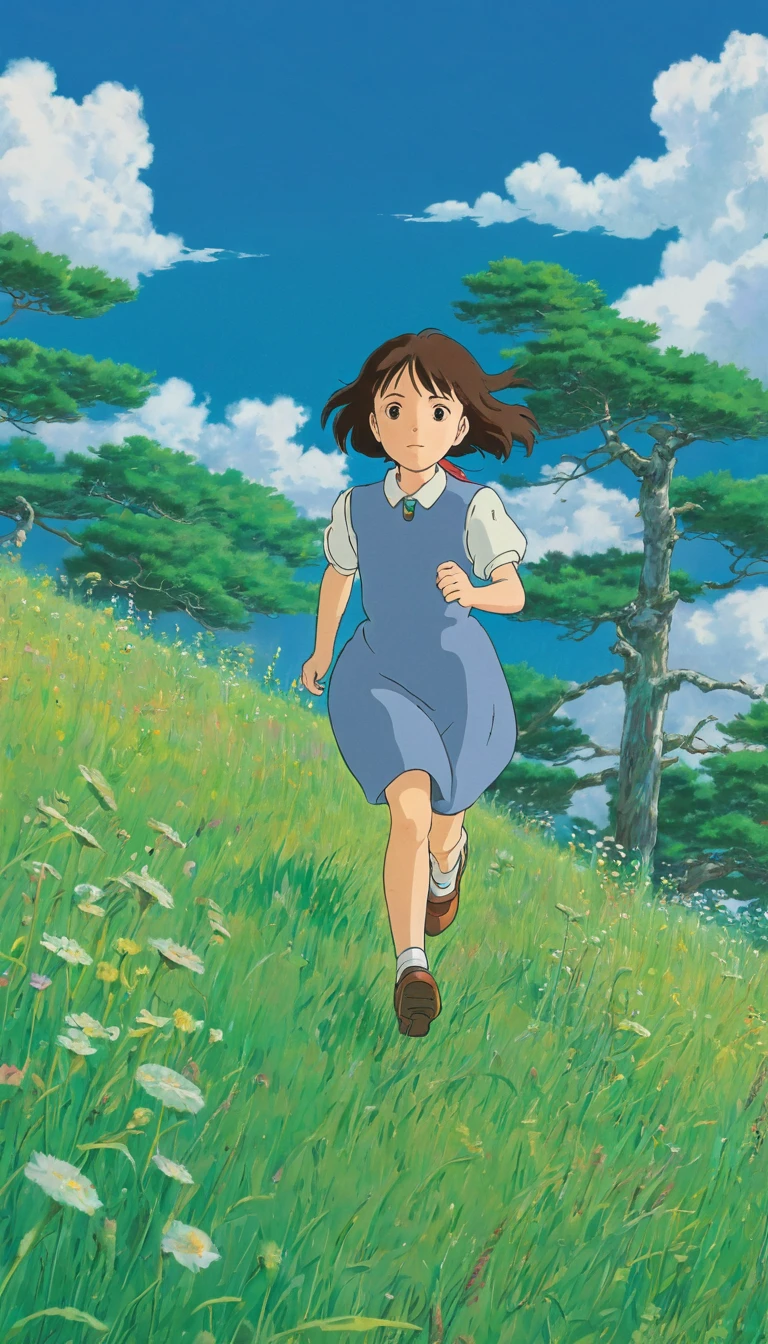 スタジオGhibli styleアニメ映画,Movie stills,Representative works,Official Art,Professional,Super intricate details,
Highest quality,8Kのmasterpiece,Super detailed,超A high resolution,High resolution,Depth of written boundary,
High background image quality,(masterpiece:1.5),
Ghibli style,((((1 girl:1.9,solo)))),Running Virgin,10-year-old girl,
The wind is blowing,Girl's back view,Shorts,The girl is wearing a straw hat,