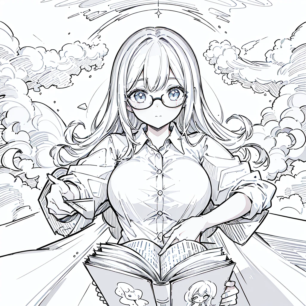 A girl,close up, wearing white shirt, reading a book, (best quality:1.3), (highres:1), (detailed:1.3), (incredible:1.3), (perfect:1.3), (perfection:1.3), (illustration:1.3), she's getting fun while reading it, dynamic on scene,Wear glasses,Big Breasts