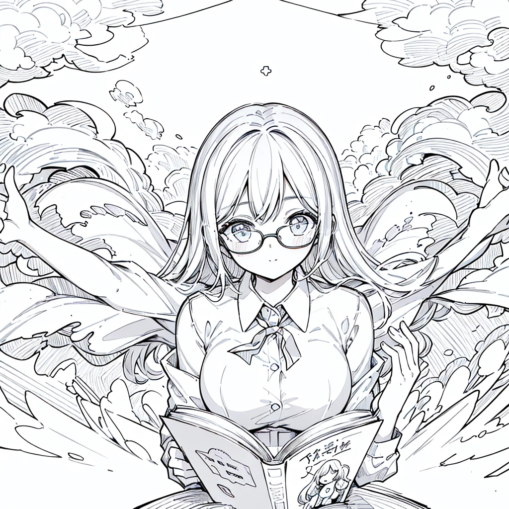 A girl,close up, wearing white shirt, reading a book, (best quality:1.3), (highres:1), (detailed:1.3), (incredible:1.3), (perfect:1.3), (perfection:1.3), (illustration:1.3), she's getting fun while reading it, dynamic on scene,Wear glasses,Big Breasts