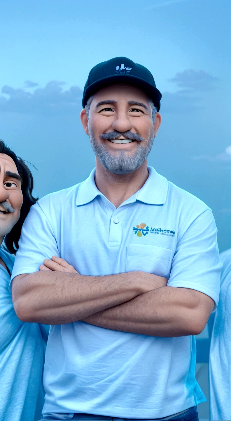 A photo of a happy smiling middle-aged man with a short beard and mustache wearing a white polo shirt with the "HcnPolling H Coaching" logo on his t-shirt. He is pointing at the front pocket of shorts that have a colorful Hawaiian print underneath.