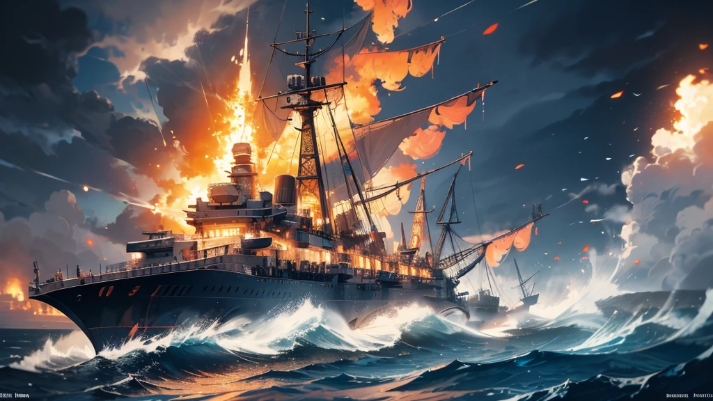 A battleship floating on the sea is bursting into flames