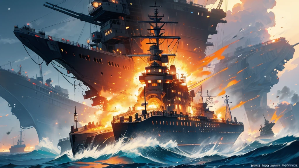 A battleship floating on the sea is bursting into flames