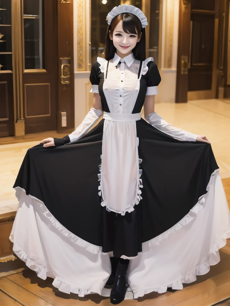 Highest quality、masterpiece、8K、Very detailed、Realistic、One person、Looking at me with a smile、whole body、Big Breasts、Erect nipples、Thin and beautiful legs、Tight and slim waist、Tight and see-through maid outfit、skirt