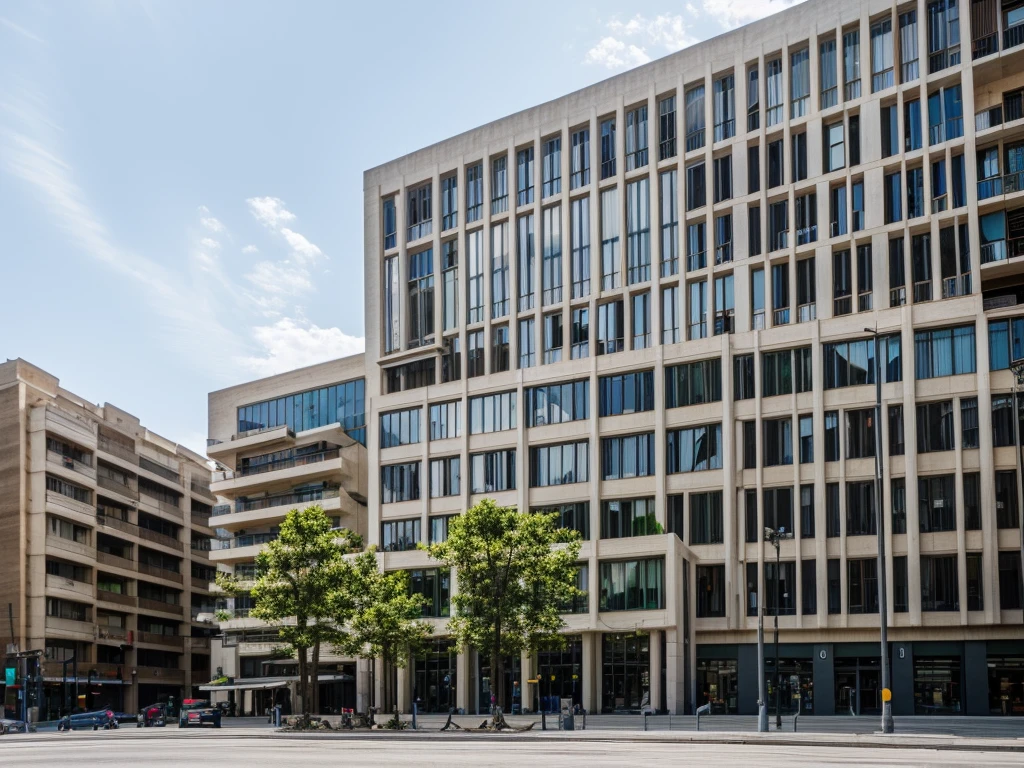 RAW photo, (building from outside), MIR, streets, (open plaza), architecture photography, hyper realistic, super detailed, 8k, Nikon Z6 Mirrorless Camera, film grain