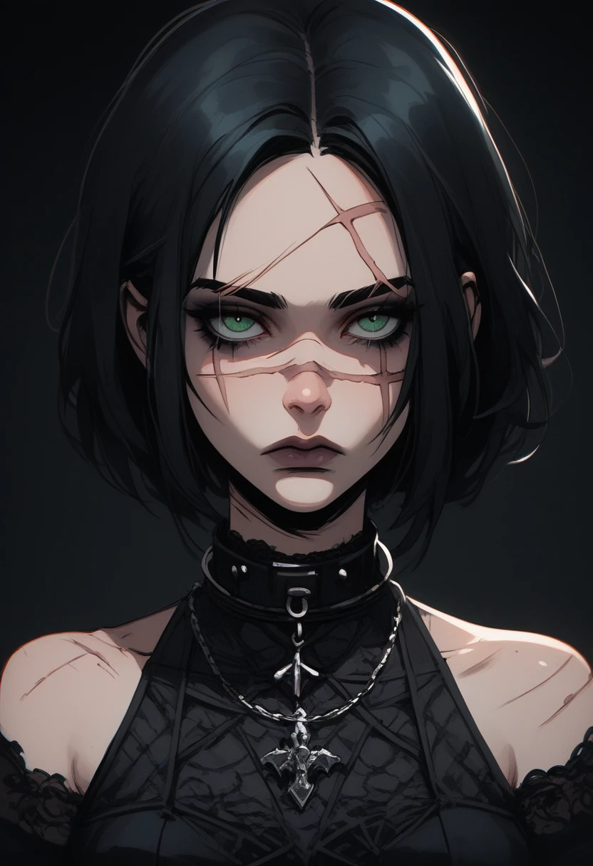 score_9, score_8_above, score_7_above, gothic girl, goth girl 1 girl, 1 girl,Alone,looking at the viewer,short hair,hits,simple background,bare shoulders,jewelry, ,Closed mouth,green eyes,by white,gray fur,medium hair,collar,neck,SCAR,black background,portrait,,SCAR on face,scar on the eye,covered neckbone,  