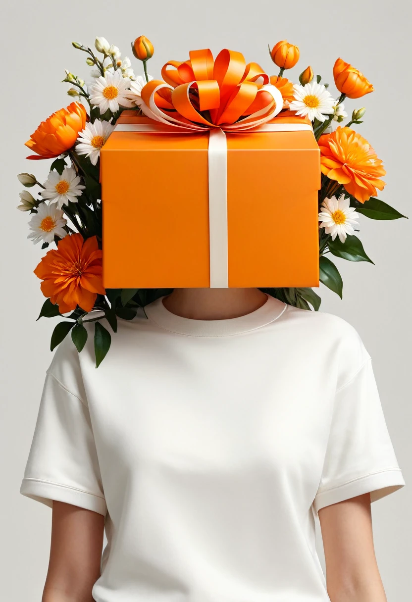 poster design，There is a huge orange gift box around the neck，Flowers，Ribbon，White crewneck shirt，fantasy，Minimalism，fantasy，