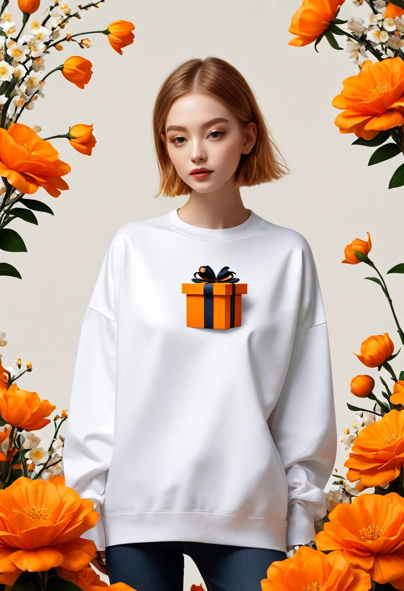 poster design,There is a huge orange gift box around the neck,Flowers,Ribbon,White crewneck shirt,fantasy,Minimalism,fantasy,