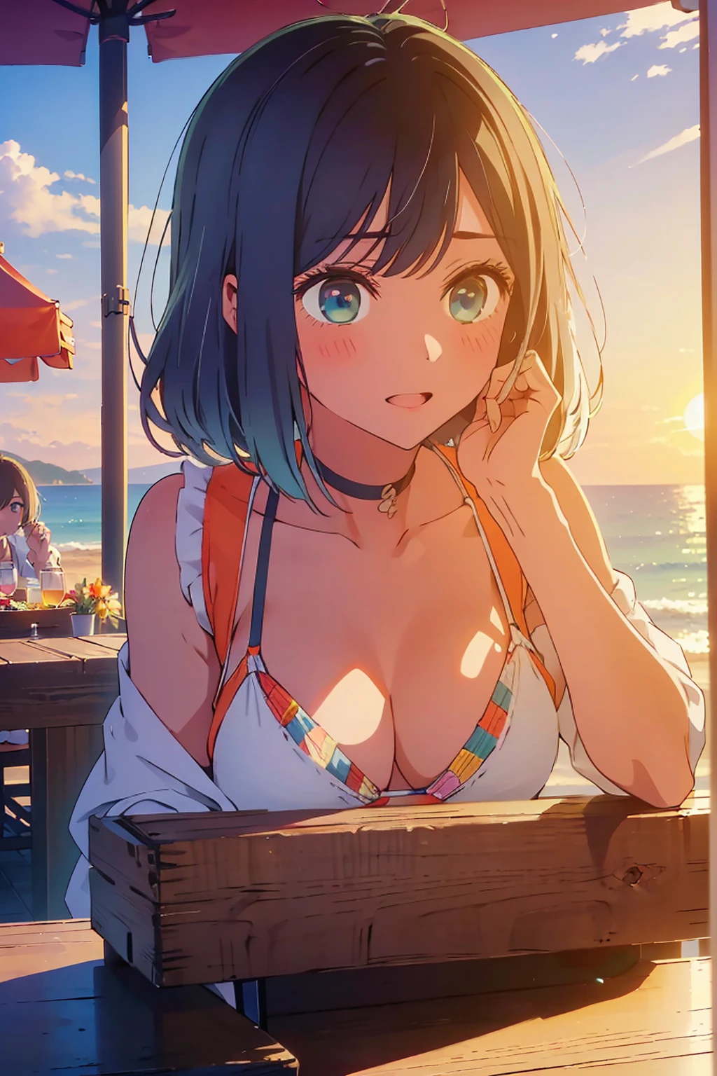 (Highest quality:1.4、masterpiece:1.4、Super detailed:1.4、8K:1.4)、Slim body、((((1 person、Surprised expression、sit、Outdoor café terrace、coastal、juice、table、Sandy Beach、bikini、juiceのグラスを持つ、Big eyes、Shallow depth of field、Very cute face))))、(((sunset、Sunset)))、(((bikiniサイズは小さい)))、F cup bust、Big Breasts、Get up close and take a photo
