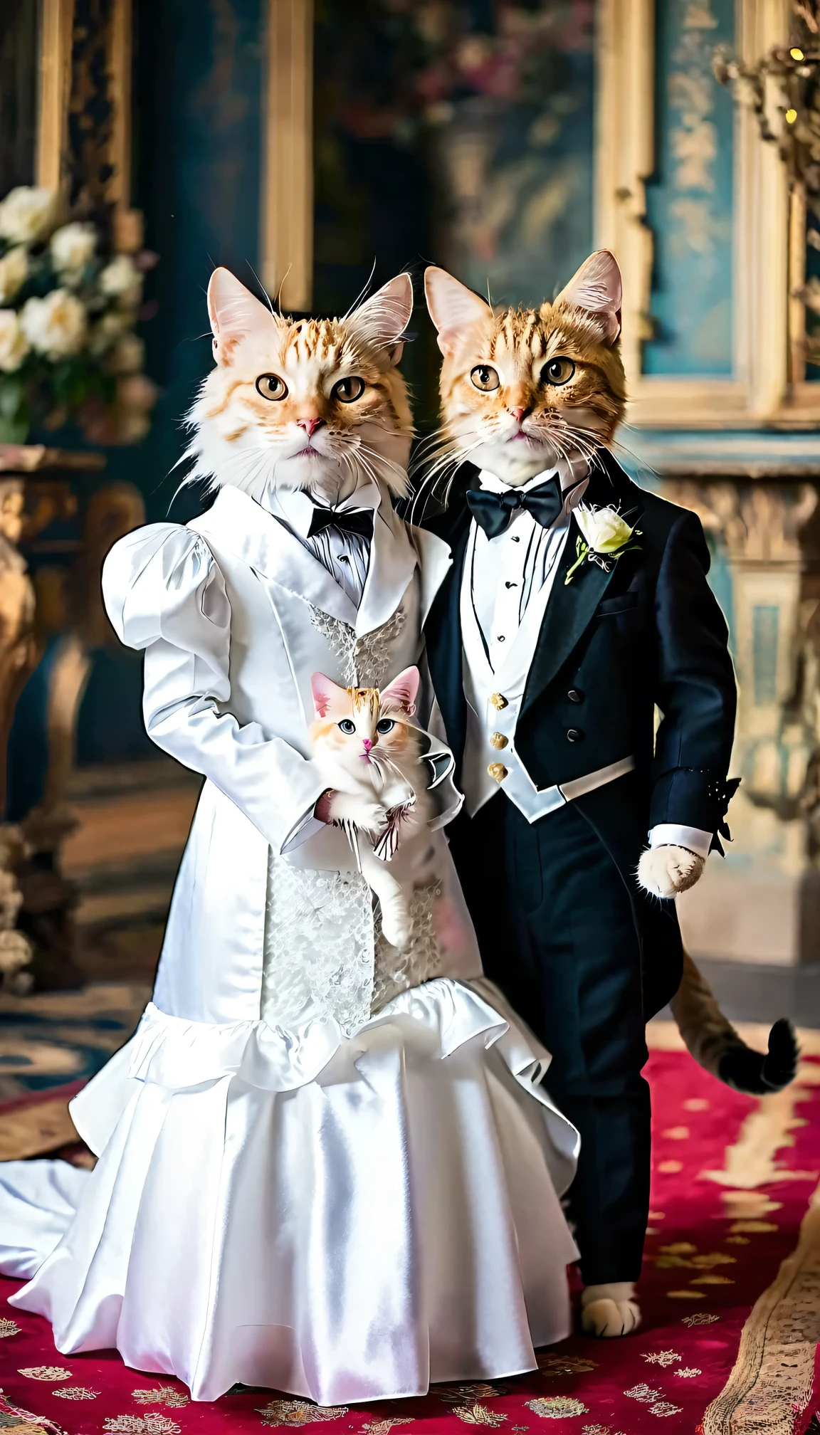 A cat wearing a white tuxedo and a cat wearing a white dress are getting married