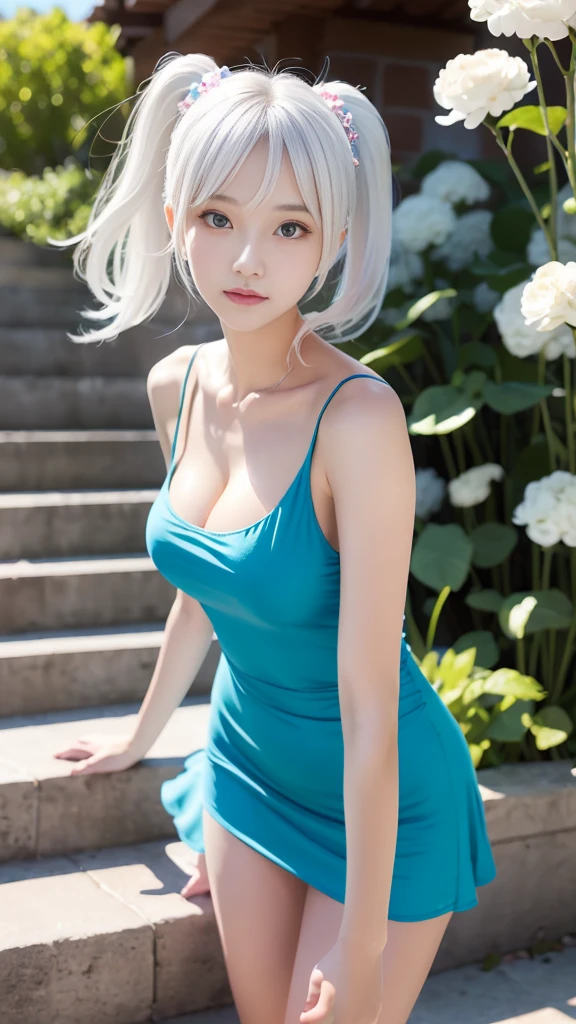 Some women have long white hair, A simple, thin one-piece dress worn by a beautiful girl, With slit, (Her skin is visible through her dress), Real life anime girls, , Baby Face, Sslender figure, Perfect white hair girl, Anime Girl Cosplay, Photorealistic Animation, Realistic anime 3D style, Realistic young anime girl, Ultra realistic anime, Twin tails, White Hair Girl, Photorealistic Animation girl render, Beautiful anime school girl, (Blooming Flowers々A fantastic and beautiful staircase background created by), (Detailed eyes and face:1.2, Professional photography techniques), Beautiful breasts, Cleavage, Slender body line, Small beautiful butt, Tight waist, (smug face), ((Her beautiful hair flutters:1.2, The dress flutters:1.3))