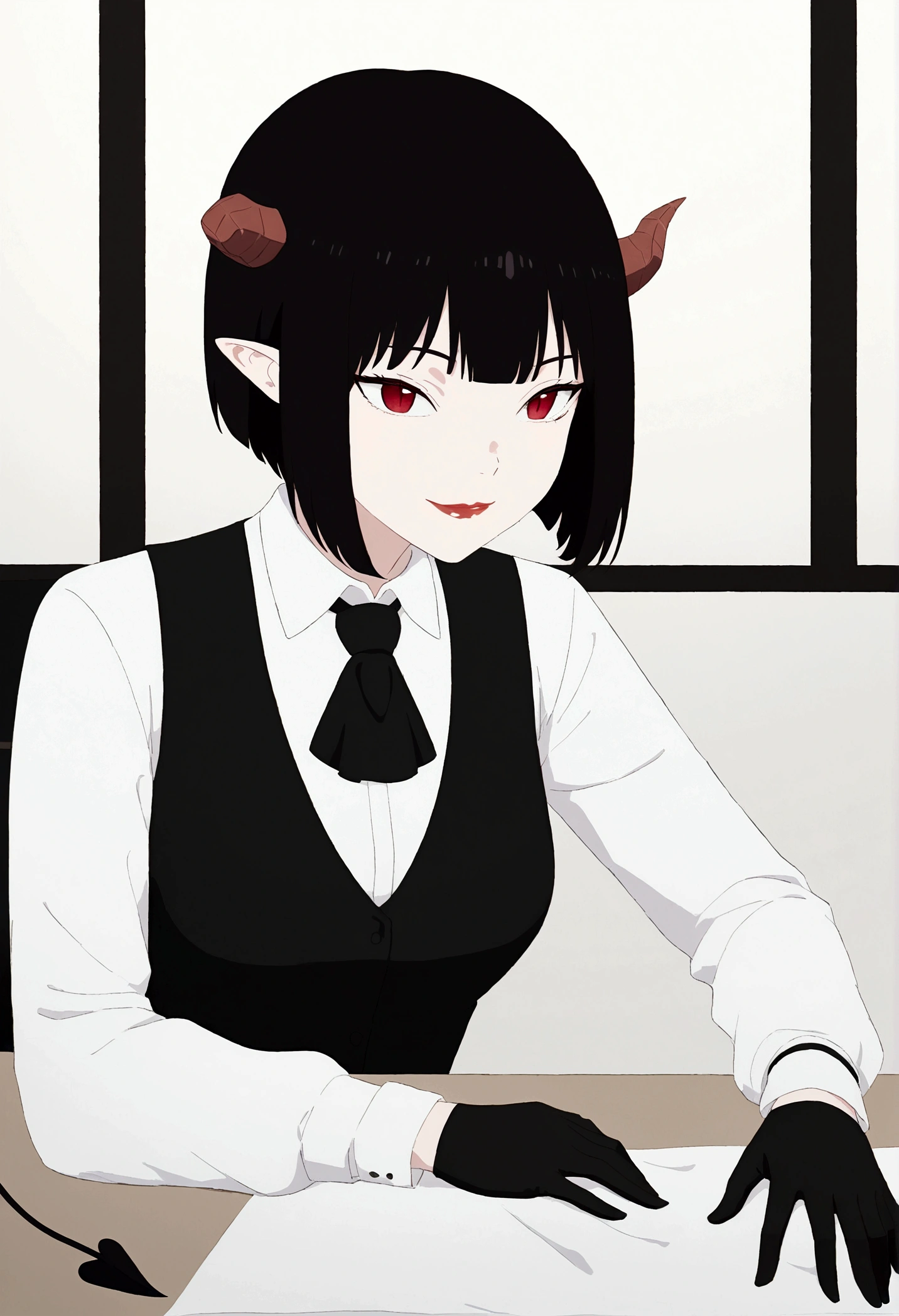 work of art, best qualityer, high resolution, 1girl horns short hair demon tail, white shirt black ascot black gloves black pants black vest , sheet, mao nos lips,beautiful smile,shining eyes,desk