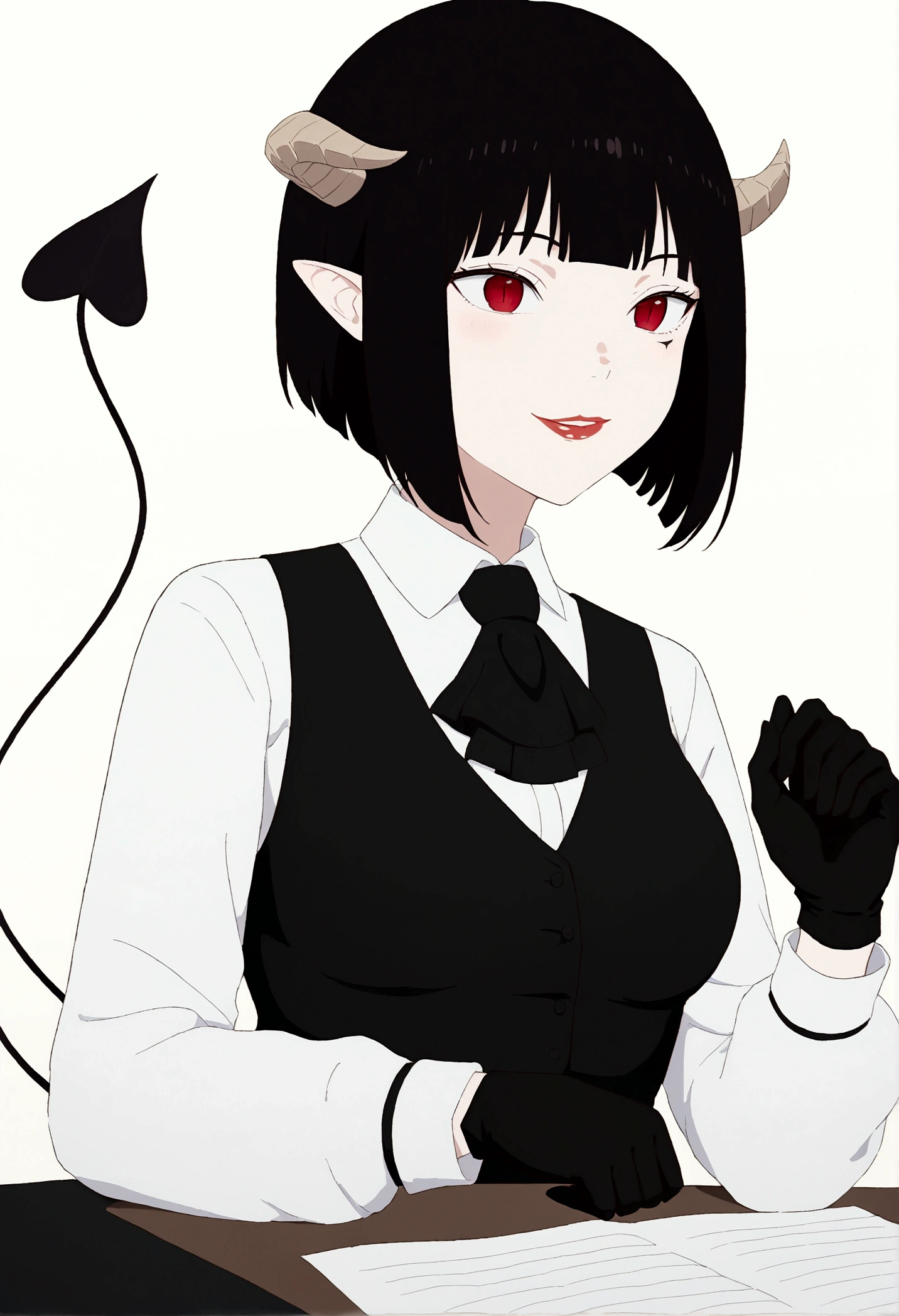 work of art, best qualityer, high resolution, 1girl horns short hair demon tail, white shirt black ascot black gloves black pants black vest , sheet, mao nos lips,beautiful smile,shining eyes,desk