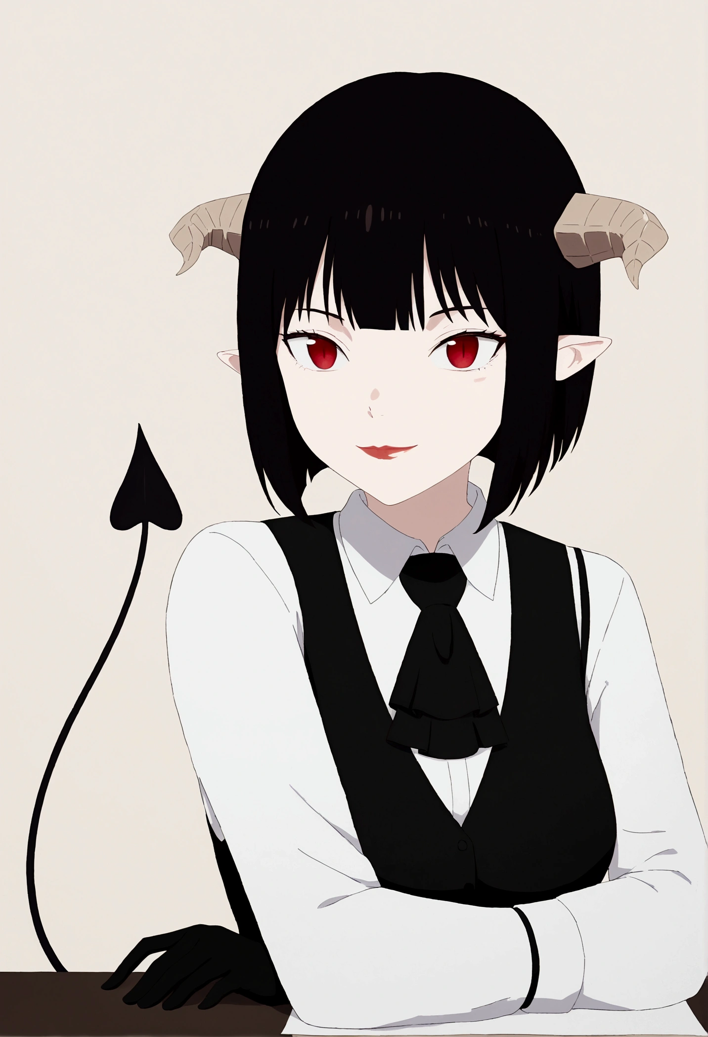 work of art, best qualityer, high resolution, 1girl horns short hair demon tail, white shirt black ascot black gloves black pants black vest , sheet, mao nos lips,beautiful smile,shining eyes,desk