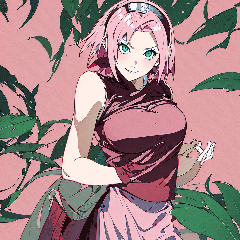 one-girl，pink short hair，Green eyes，(Leakage from the shoulder )，Frontal photo，Pink clothes，looks into camera，ssmile，Naruto Sakura，HighestQuali，Wallpapers，k hd，artwork of a，sportrait，Large breasts