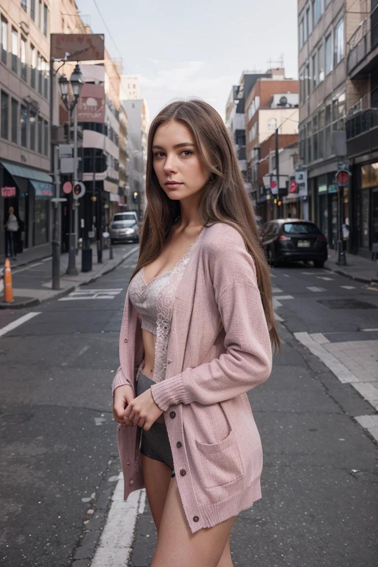 Design an image of a young woman in pink lace underwear and a gray cardigan, standing on a city street. Her long straight hair and serious look should be highlighted, with an urban background including buildings and street signs.