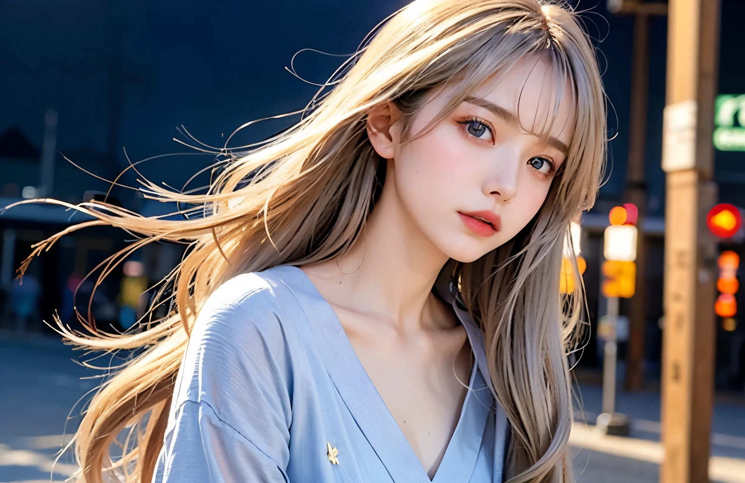 Her hair color is silver and gold、Long Hair, favorite , Beautiful, shining eyes, Stars in my eyes,Crystal clear eyes、Natural color lip、Street Snap、20-year-old、Natural color lip、8K、Highest quality、flat chest、blue eyes、Yukata Twilight