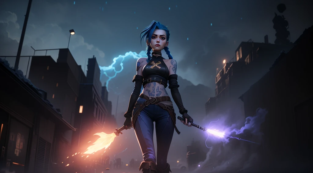 Overhead view, The camera looks at Jinx from above, Like in a computer game, Jinx's character design, Dynamic movements, Standing Half-Sideways, stands on the edge of the roof, Fantasy City, City of Piltover, the night, explosions, fire, Smoke, sparks, Purple Flashes, sexypose, Beautiful figure, Arcane's Jinx, Bright blue and purple sparks all around, glowing eyes, Pink glowing eyes, hairlong, hairsh, braided into long braids, Pigtails hang below the knee, Hair color changes from bright blue to navy blue, Dressed in brown breeches, Leather boots on the feet, Top with four gold circles on the chest in the middle of the chest, Blue cloud tattoos on shoulders and waist, Long bangs, hanging on the right side, Belt with cartridges on the belt, Arcane style, extremely detailed CG unity 8k wallpaper, detailed light, Cinematic lighting, chromatic aberration, glittering, expressionless, epic composition, dark in the background, Cherecter Desing, Very detailed, Detailed body, Vibrants, Detailed Face, sharp-focus, anime art, Vibrants, Detailed Face, Hugh Details, sharp-focus, Very drooping face, A detailed eye, super fine illustration, better shadow, finely detail, Beautiful detailed glow, Beautiful detailed, Extremely detailed, expressionless, epic composition,