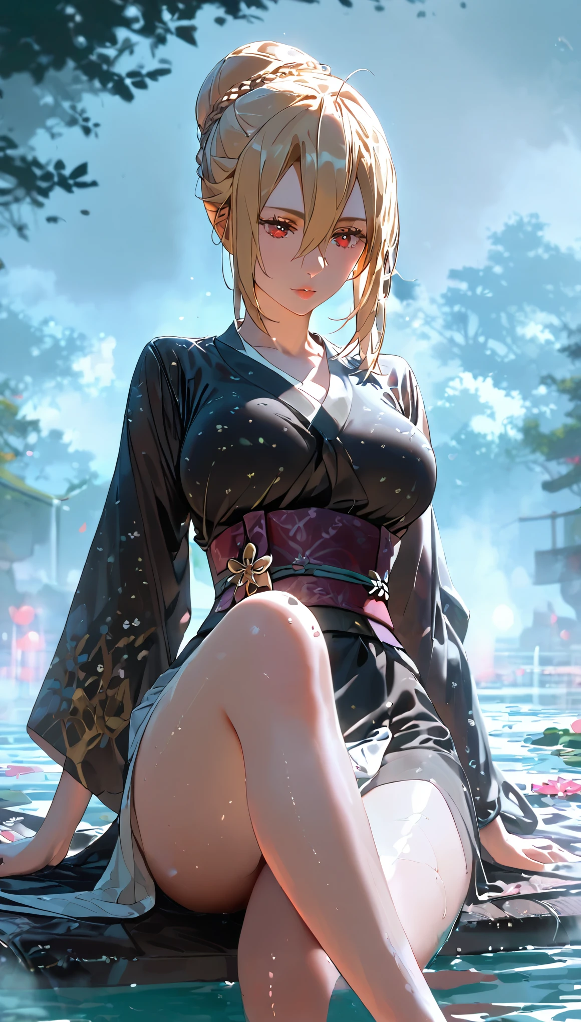 score_9, score_8_up, score_7_up, score_6_up, uncensored, angelica, blonde hair, braid, hair bun, red eyes, BREAK (masterpiece:1.2), best quality, high resolution, (beautiful detailed eyes:1.3), perfect lighting, (perfect hands, perfect anatomy), large breasts, shiny skin, sitting, thighs, outdoors, japanese clothes, sky, barefoot, day, wide sleeves, kimono, water, flower, spotlight, tree, legs, sash, bare legs, obi, crossed legs, nature, black kimono, short kimono, reflective, (fog:1.3), fireflies,