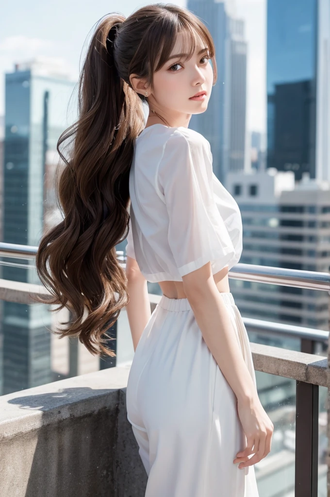 {{{Ultra Detail}}}, {{{realistic}}}, {{{depth of field}}}, full body, from side, head tilt, incredibly detailed, longuette, 1 girls, 30 years old, very long hair, curly hair, high ponytail, light brown hair, beatiful detailed hair, Perfect face, Delicate arms and hands, slim legs, white skin, piercing, oversized clothes, large top sleeves, black trousers, open clothes, cityscape, delicate background, blurry background, an extremely delicate and beautiful, {{{wallpaper 8k CG}}}, {{{best quality}}}, {{{best masterpiece}}},