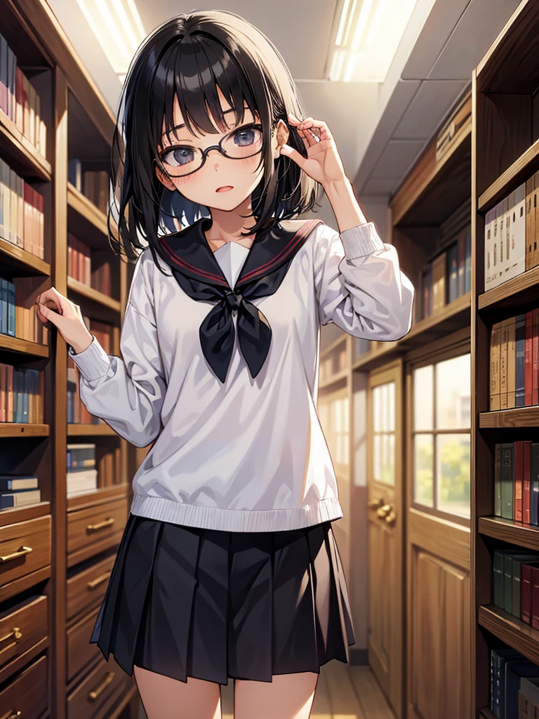 masterpiece, best quality, girl, 10yo, (petite), glasses, black hair, middle hair,
 clear face, standing, sailor uniform, library,