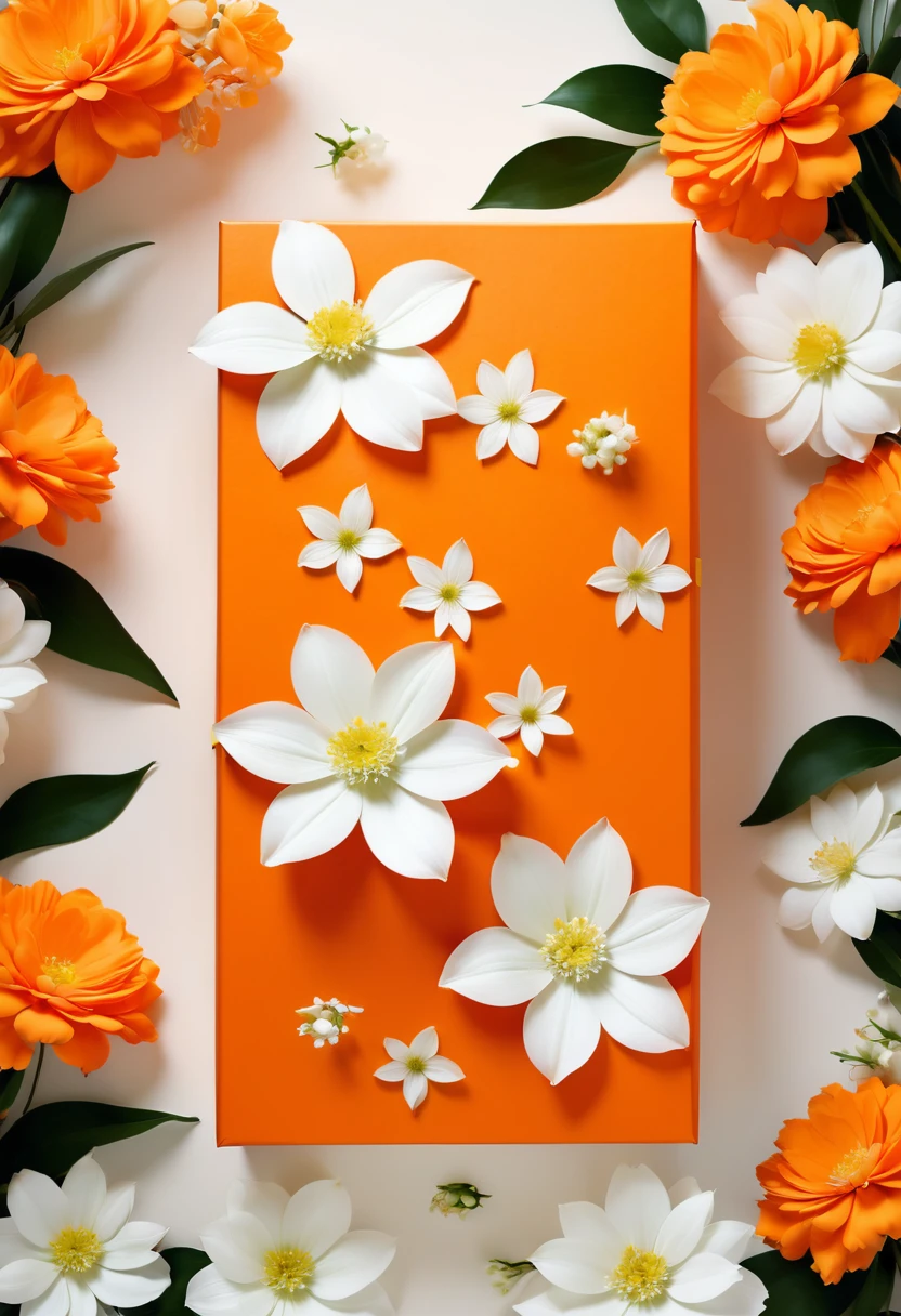 poster design,A huge orange gift box,White flowers,fantasy,Minimalism