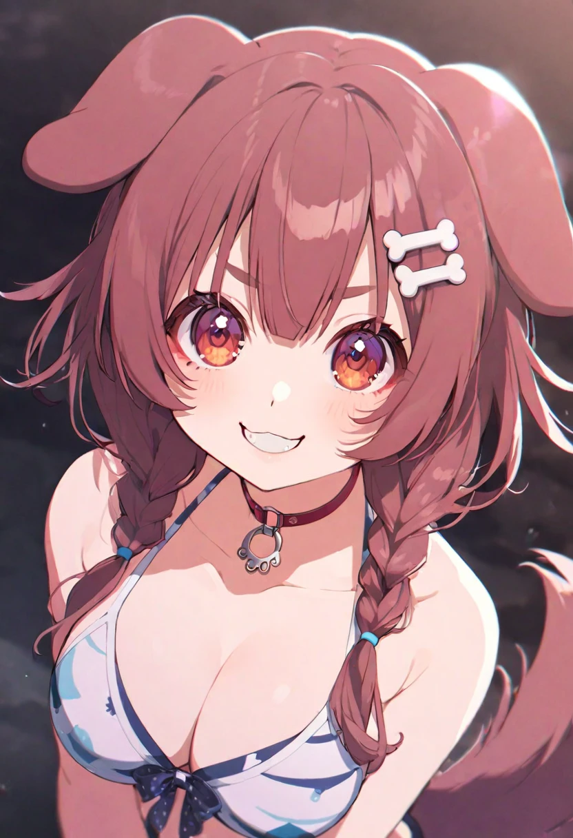 1 girl, vtuber style, cool girl, hololive, Inugami Korone, dog ears, dog tail, swimsuit, big chest, cropped shoulders, clavicle, looking at viewer, smile, (whole body), standing,
