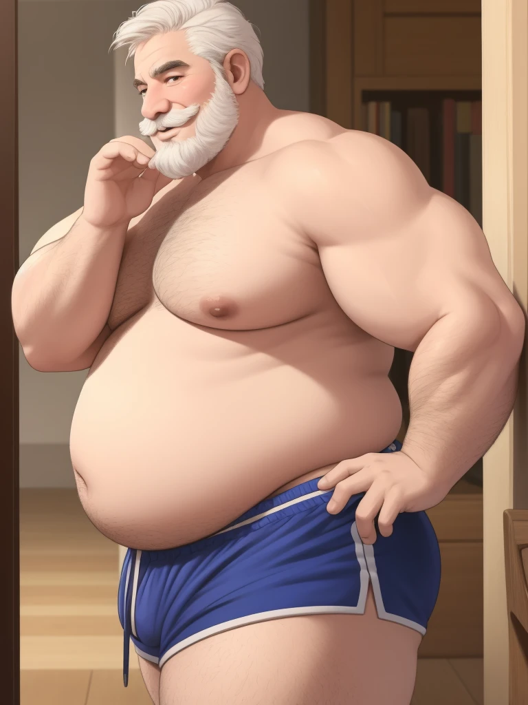 a smiling obese old man, chubby, big fat, detailed realistic portrait, 8k high resolution, topless, sumo physique, side view, perfect center, full view, realistic skin texture, wrinkled face, short hair, thick mustache, white hair, bearded, jovial expression, huge belly, fat, wearing shorts, high detail, masterpiece, (best quality,4k,8k,highres,masterpiece:1.2),ultra-detailed