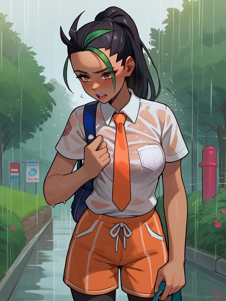 score_9, score_8_up, score_8, 1girl, nemona, pokemon, dark skinned female, orange necktie, white shirt, wet clothes, seetl through shirt, raining, suburban side walk, overcast day, grimace, orange shorts, uncomfortable ,score_7_up,score_6_up,masterpiece, ,cartoon,,