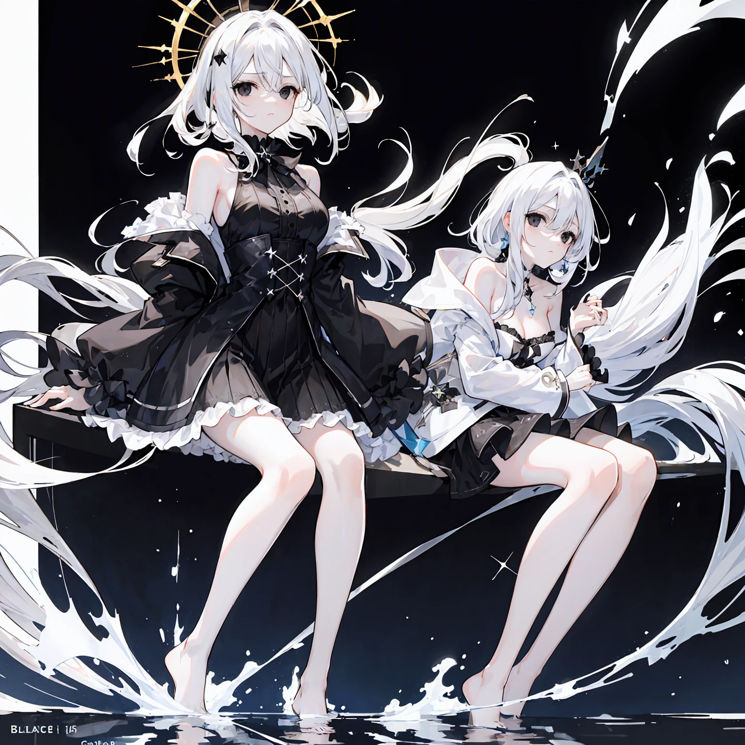Light Gradient Hair,Asymmetrical hair,（（Thick hair 1.8，Clear head outline 1.6））， Shoulder-length hair, Messy hair, Very long hair, Shiny hair，(Long white hair:1.2),A beautiful girl，（Luxury Platinum Mini Lolita，Made of transparent material），（Transparent clothes transparent 1.8），Perfect body，High，Slender，(Looks sad，Looks haggard、Looks haggard、Pale nipples ，Grief，shut your mouth：1.2） Against the background of an unusually bright dark starry sky，stand up（Put your hands behind you），（round,  Large target, Firm breasts），barefoot，float，water surface，（Long Law，Long Law，Long Law，Complete），Full body image，(Black eyes:1.5)