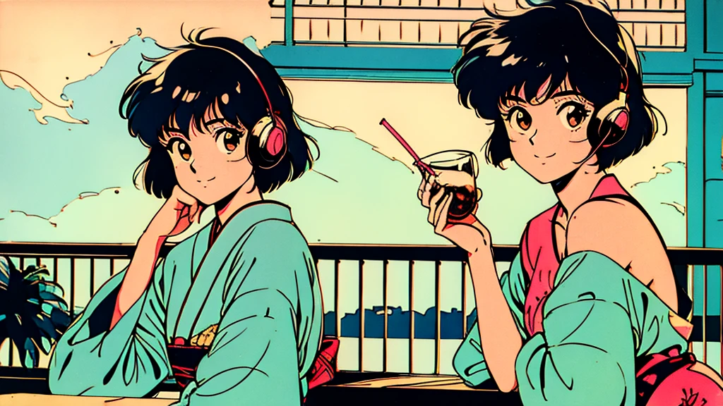masterpiece, City Pop Style, Japanese, fluffy bob cut, Wearing headphones, Shoulder length, alone, Relax on the veranda, Drinking alcohol, praise, Retro, Vintage, A light smile