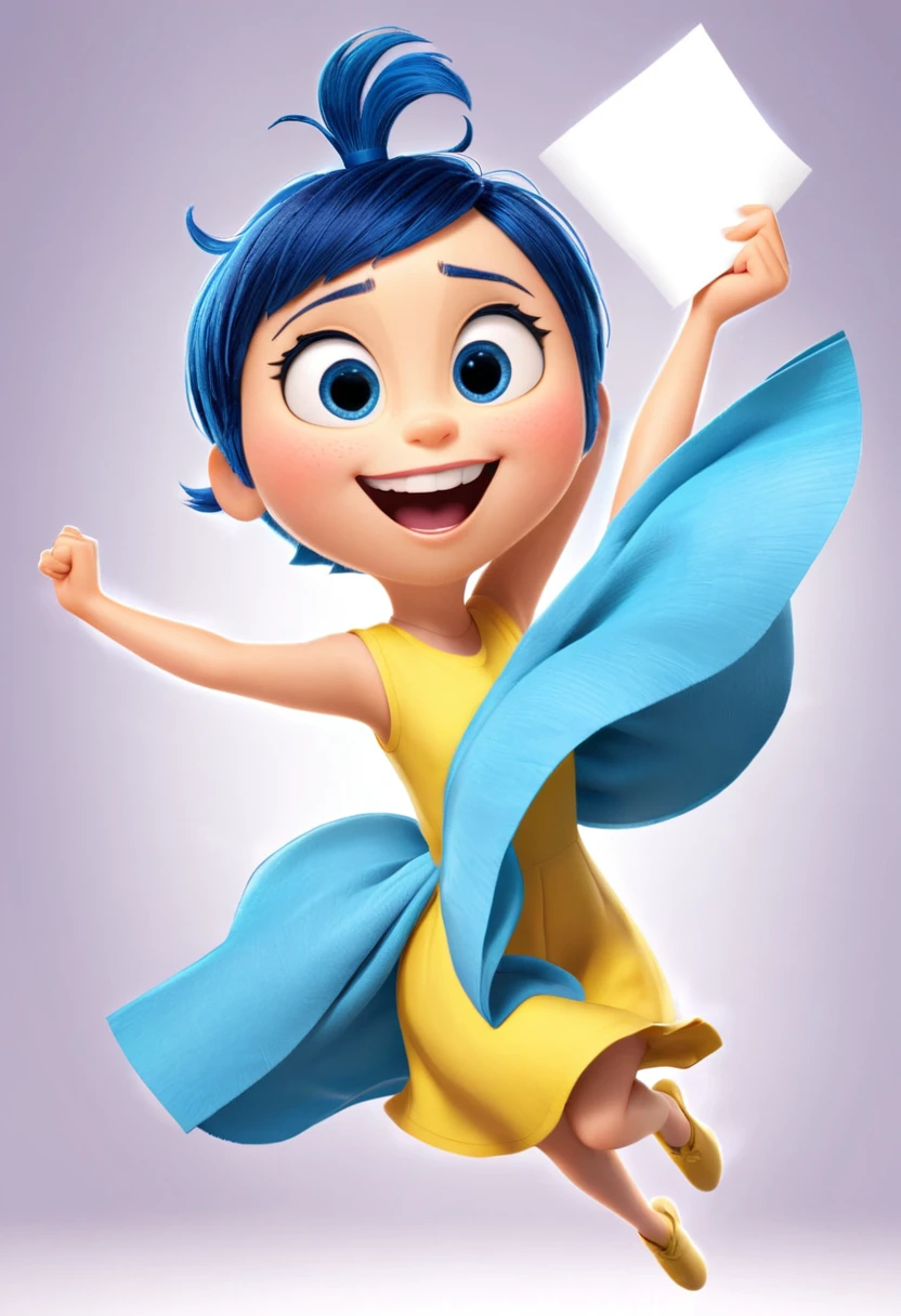 Joy (a character in the movie "Inside Out" with short blue hair and yellow dress) is excited, jumping around, throwing review outlines and papers with a bright smile, symbolizing the feeling of "liberation" from academic pressures. , exam review after the graduation exam, different happy emotions