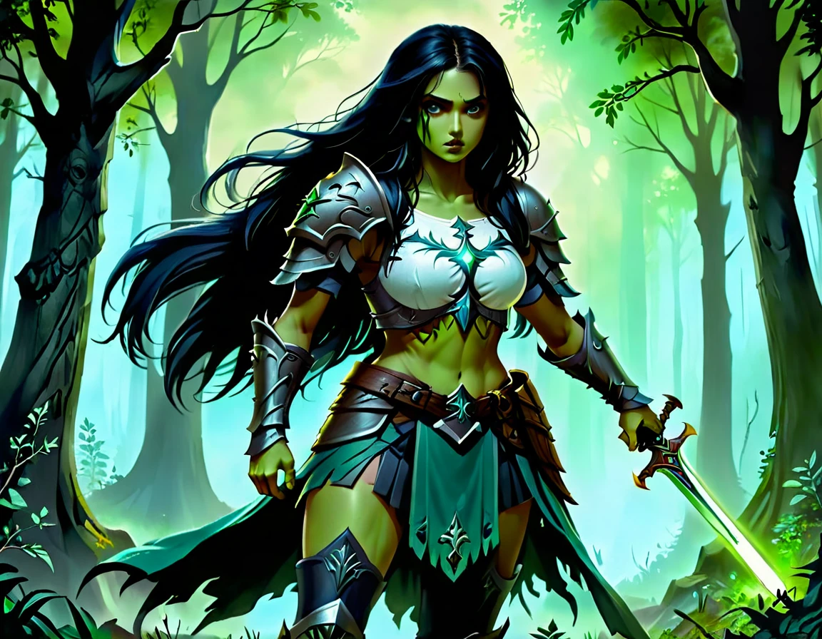 Arafed, a picture of woman paladin of nature protecting the forest from a (zombie: 1.3), a woman knight, black hair, long hair, full body (best details, Masterpiece, best quality :1.5), ultra detailed face (best details, Masterpiece, best quality :1.5), ultra feminine (best details, Masterpiece, best quality :1.5), (black hair: 1.2), long hair, braided hair, pale skin, (deep blue: 1.2) eyes, intense eyes, wearying heavy armor, (white armor: 1.2)  (best details, Masterpiece, best quality :1.5), (green cloak: 1.2) , armed with a sword, glowing sword DruidMagicAI, fighting a ((zombie: 1.5)) (dark fantasy art, best detailed, masterpiece: 1.5), dead zombie, skeletal hand, rotten flesh, filthy cloths, branches holding the zombie,  muddy cloths,  fantasy forest background, D&D art, RPG art, magical atmosphere magic-fantasy-forest, ultra best realistic, best details, best quality, 16k, [ultra detailed], masterpiece, best quality, (extremely detailed), ultra wide shot, photorealism, depth of field, hyper realistic painting, dark fantasy, dark novel