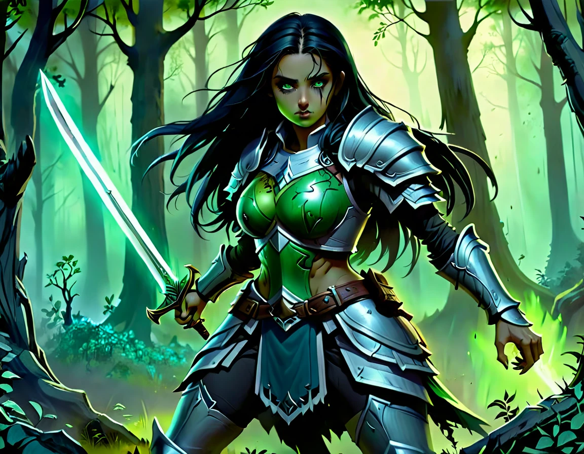 Arafed, a picture of woman paladin of nature protecting the forest from a (zombie: 1.3), a woman knight, black hair, long hair, full body (best details, Masterpiece, best quality :1.5), ultra detailed face (best details, Masterpiece, best quality :1.5), ultra feminine (best details, Masterpiece, best quality :1.5), (black hair: 1.2), long hair, braided hair, pale skin, (deep blue: 1.2) eyes, intense eyes, wearying heavy armor, (white armor: 1.2)  (best details, Masterpiece, best quality :1.5), (green cloak: 1.2) , armed with a sword, glowing sword DruidMagicAI, fighting a ((zombie: 1.5)) (dark fantasy art, best detailed, masterpiece: 1.5), dead zombie, skeletal hand, rotten flesh, filthy cloths, branches holding the zombie,  muddy cloths,  fantasy forest background, D&D art, RPG art, magical atmosphere magic-fantasy-forest, ultra best realistic, best details, best quality, 16k, [ultra detailed], masterpiece, best quality, (extremely detailed), ultra wide shot, photorealism, depth of field, hyper realistic painting, dark fantasy, dark novel
