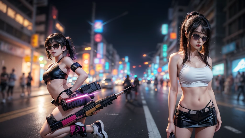 8k, Realistic Skin Texture, Realistic Photo, Neo Tokyo, slim Japanese women, large-breast:1.3 cleavage:1.2, AD2050 at night, Dirty hunting jacket, Wearing tube top, miniskirt, (((black sunglasses, automatic rifle, sneakers, cold, shooting pose, very low angle view))), Innovative composition, revenge, cyberpunk, blade runner worldview, Large neon sign, Geisha hologram sign, Strong Wakamoto Sign.