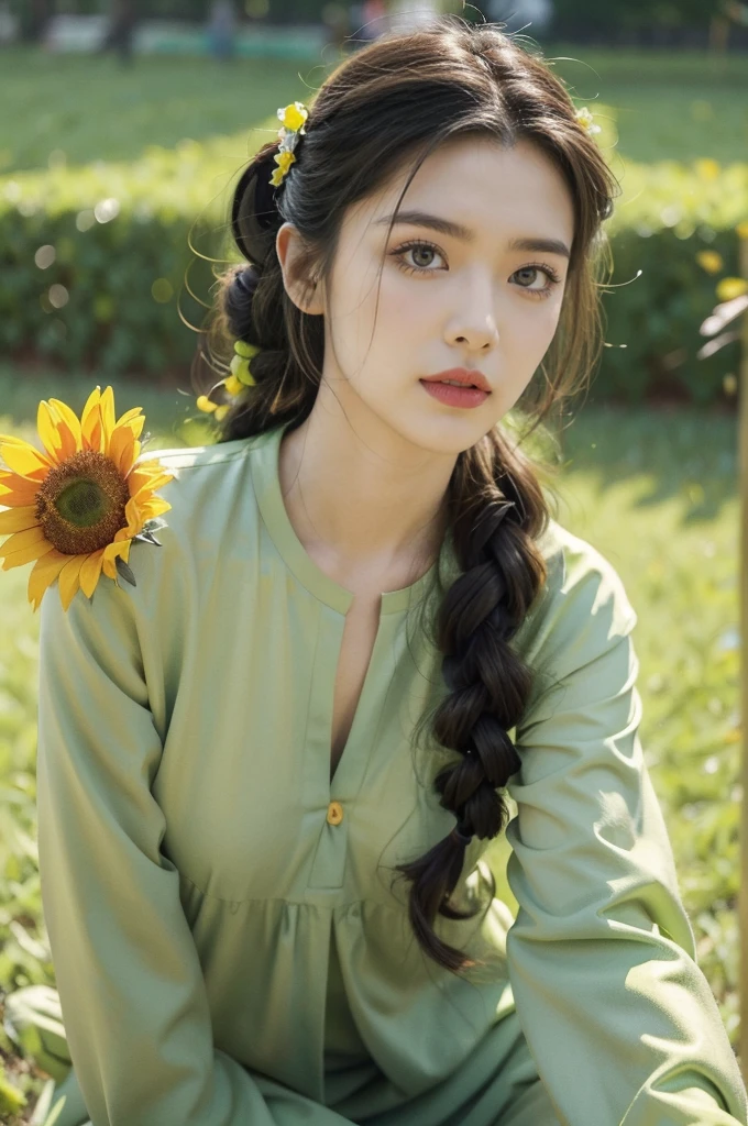 (((best quality))), (((ultra detailed))), (((masterpiece))), illustration,1girl, Sunflower, vibrant yellow petals, floral-patterned dress, colorful buttons, sunny demeanor, battling zombies, Peashooter, green army uniform, determined expression, pea pod, approaching zombies, rotting flesh, tattered clothing, grotesque appearance, empty eye sockets, gaping mouths, ragged clothes, lush green grass, vibrant flowers, delicate blades of grass, sunlight, battling plants, strategic battle, intelligence, resourcefulness, Nightshade, clumsy movements, awkward dance steps, enthusiastic zombies, valuable brains, engaging video game, vibrant visuals, memorable characters, creative imagery