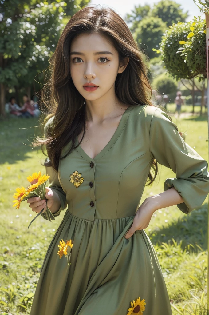 high high quality，tmasterpiece，Delicate facial features，Delicate hair，Delicate eyes，Delicate hair，animemanga girl，himawari， Straw Hat Hat，Short brunette hair，Green dress，skirt with frills， Fantastic flower garden，Beautiful sunflowers，with blue sky and white clouds，petals， Clouds，exteriors， flower  field，romanticism lain,  anime art style，(Anime girl), anime artsyle，8K high quality detailed art（Delicate facial portrayal）（Fine hair portrayal）（highest  quality）（Master masterpieces）（High degree of completion）（a sense of atmosphere）8k wallpaper，tmasterpiece，Best quality at best，ultra - detailed
