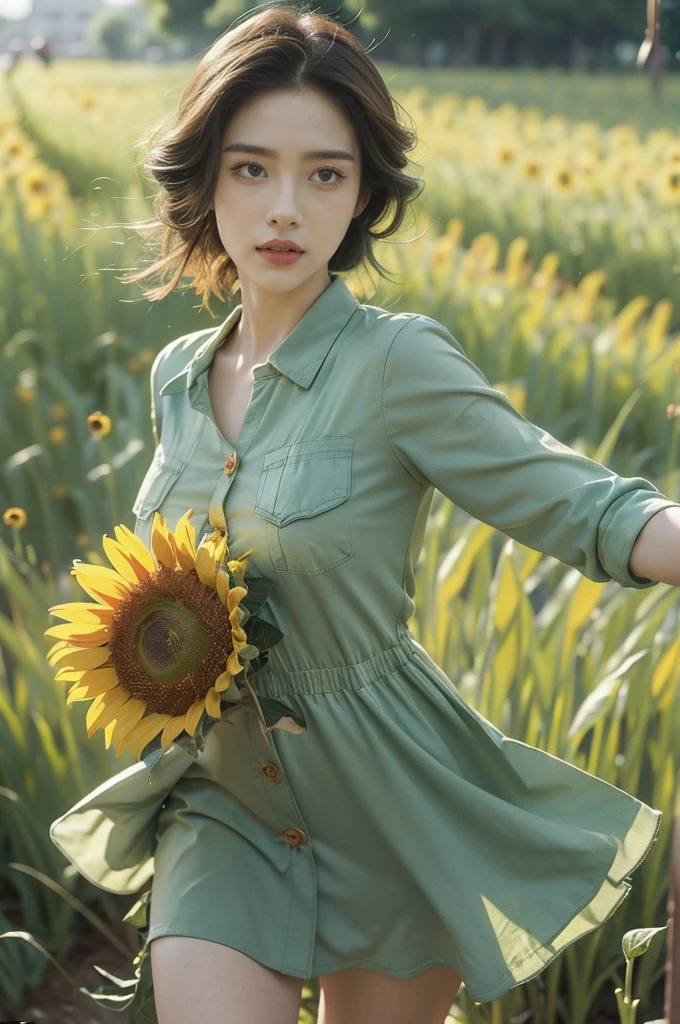 (((best quality))), (((ultra detailed))), (((masterpiece))), illustration,1girl, Sunflower, vibrant yellow petals, floral-patterned dress, colorful buttons, sunny demeanor, battling zombies, Peashooter, green army uniform, determined expression, pea pod, approaching zombies, rotting flesh, tattered clothing, grotesque appearance, empty eye sockets, gaping mouths, ragged clothes, lush green grass, vibrant flowers, delicate blades of grass, sunlight, battling plants, strategic battle, intelligence, resourcefulness, Nightshade, clumsy movements, awkward dance steps, enthusiastic zombies, valuable brains, engaging video game, vibrant visuals, memorable characters, creative imagery