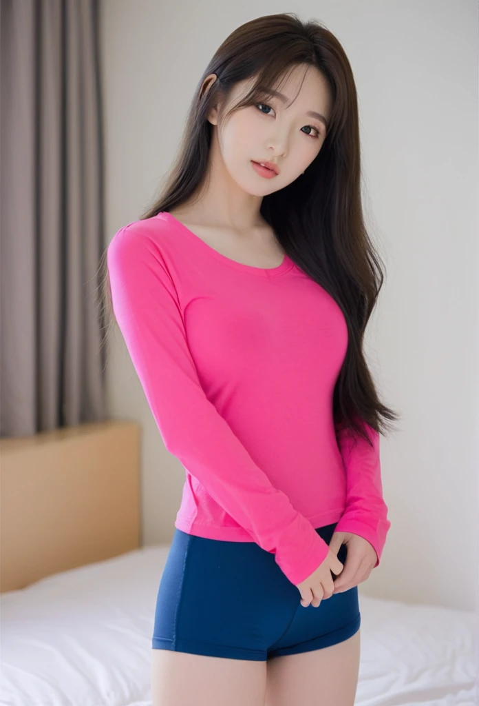 (photorealistic, masterpiece, 8k, ultra high definition, uhd:1.3), (lying down on bed: 1.2), (extremely adorable), (face details), (eye details), (round face: 1.3), (draping clothes) (extremely soft: 1.5), (pink sweatpants), (draping clothes), (overflowing colossal tits in soft clothes: 1.2), (embarrassed), (pink pajamas), (pink sweatpants), (wide face), red blush,cute little, (long low twintails), (black hair), pov, (innocent), (short girl), (arms outward)