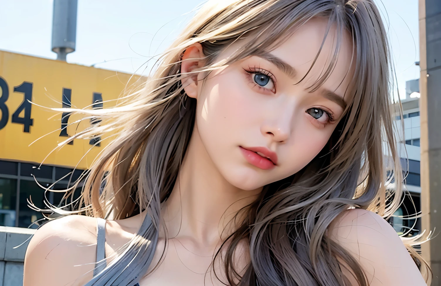 Her hair color is silver and gold、Long Hair, favorite , Beautiful, shining eyes, Stars in my eyes,Crystal clear eyes、Natural color lip、Street Snap、20-year-old、Natural color lip、8K、Highest quality、flat chest、blue eyes、tシャツにジーンズ、twilight